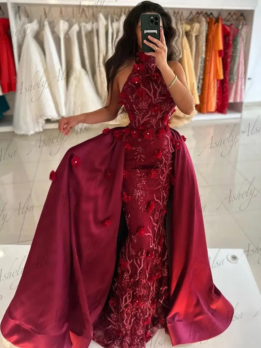 NB26 Customized Burgundy Women Evening Dresses High Neck Flower Meramid Long Formal Special Occasion Dress Wedding Party Gown