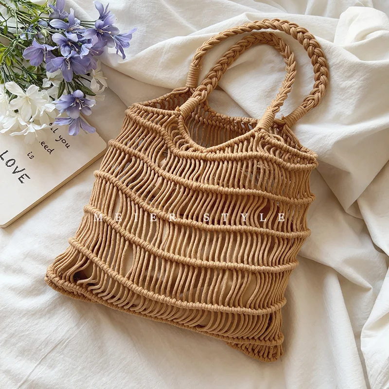 NEW Elegant Straw Woven Shoulder Hobo Purses Fishing Net Handmade Beach Travel Handbag 2022 Summer Shopper Grocery Bags