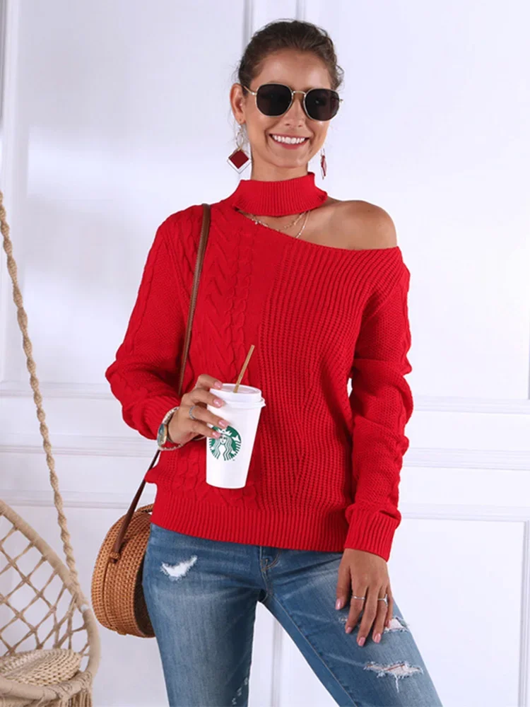 Autumn Winter Women\'s Hanging Neck Strapless Sweater New Hollow Open Shoulder Pullover Tops Orange Sweater GD197