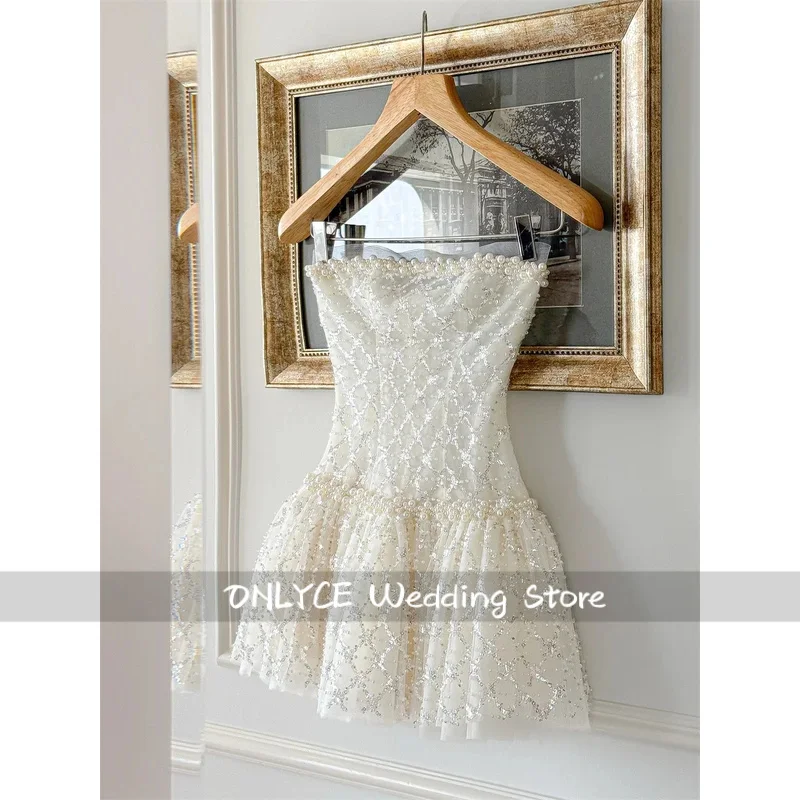 Customized White Diamond Lattice Glitter Sequin Wedding Dress Strapless vestidos de noche A-Line Mini after party gown