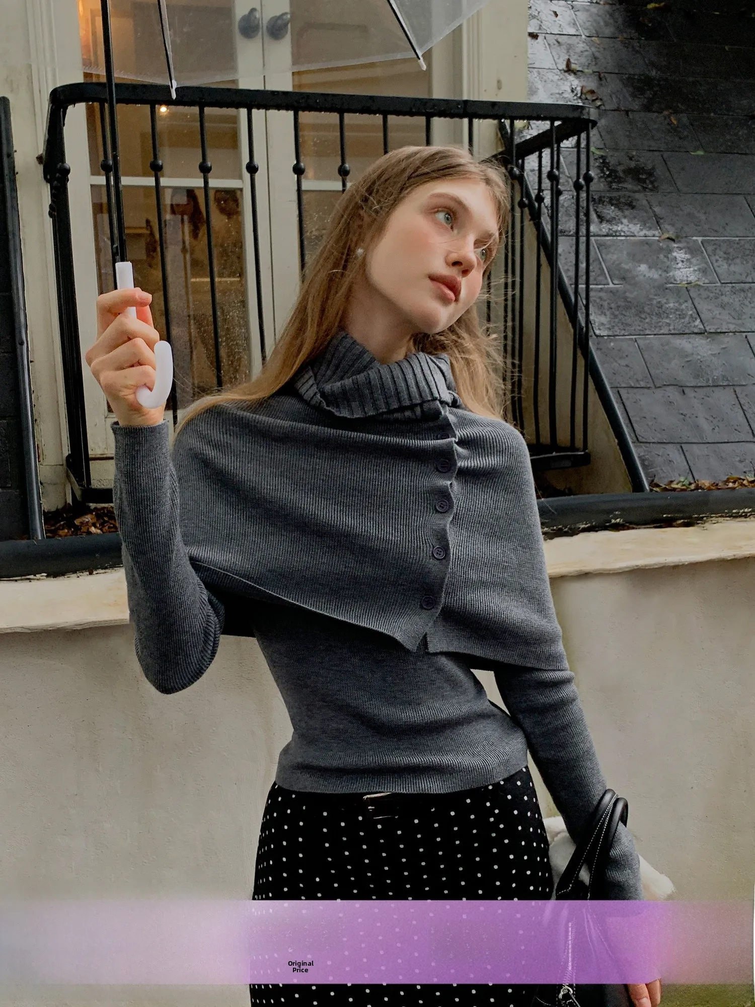 

Eggka Съемный шил с высоким воротником, комплект из двух предметов, вязаный топ для похудения, французский повседневный простой длинный свек из полиэфирного волокна