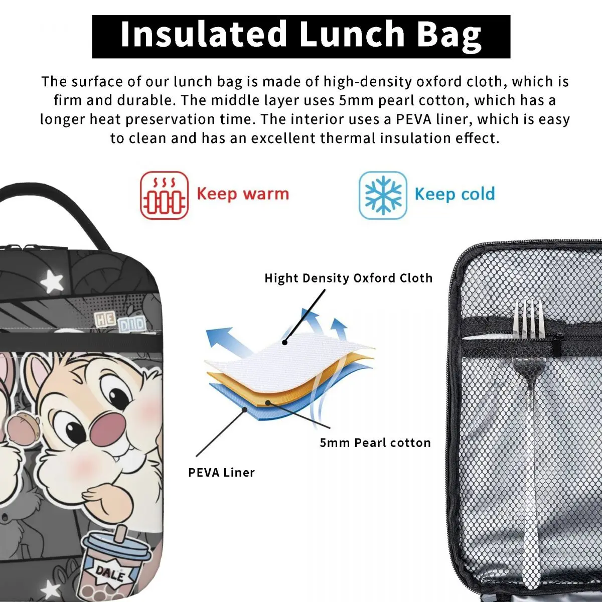 Chip 'n Dale Bolsa de almuerzo con aislamiento de dibujos animados lindo Bolsa refrigeradora reutilizable   Contenedor de comida, fiambrera grande, bolsa Bento, picnic universitario