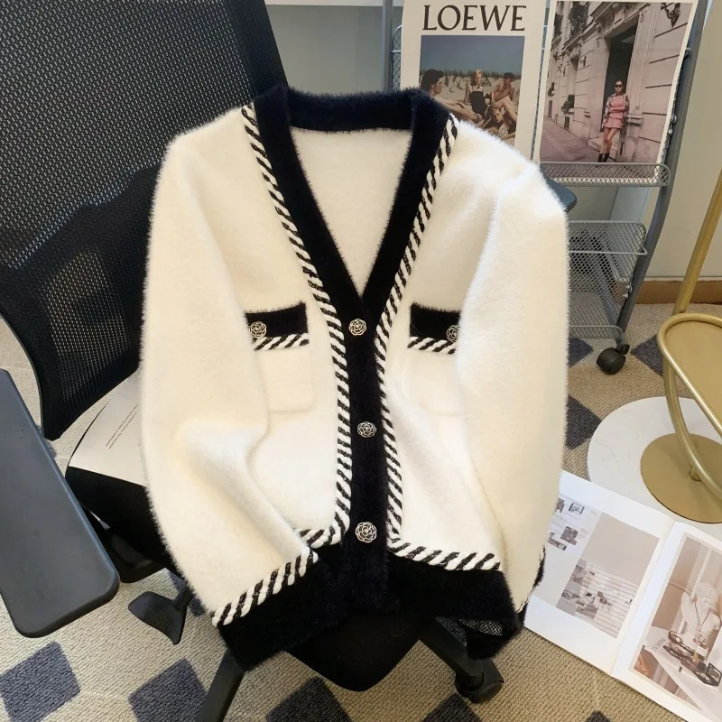 Vintage Elegant Knitted Cardigan for Women 2024 Spring Autumn V-neck Single Breasted Sweater Jacket Trendy Chic Loose Fitting