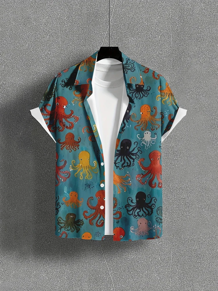 

Hawaiian Style Beach Octopus Funny Print Casual Vacation Men's Short Sleeve Shirt T-shirt Printed Men's Summer Clothing