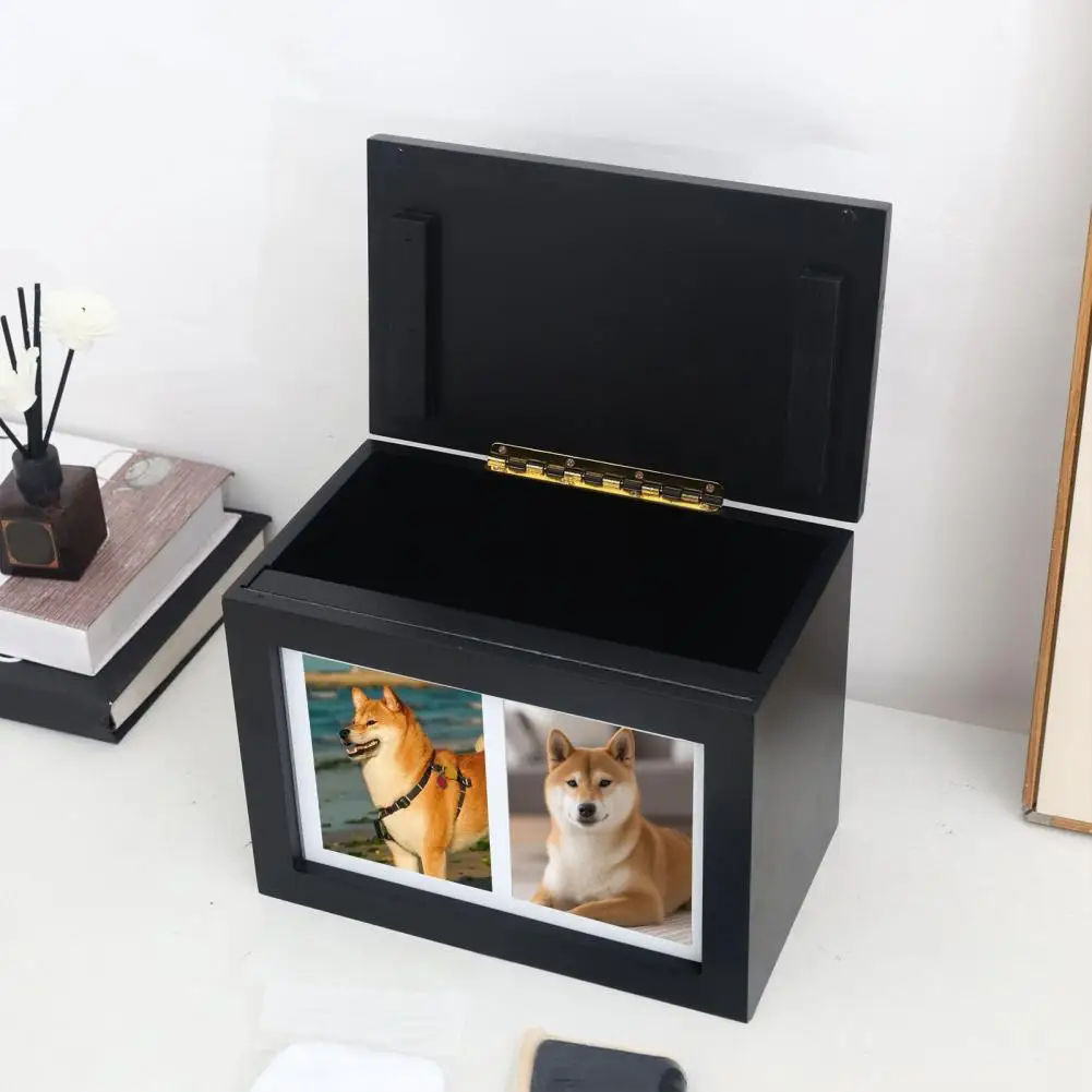 Urna de Madeira Preta para Animais de Estimação, Urna Memorial para Cães com 2 Porta-Retratos, Tampa Articulada, Recipiente de Grande Capacidade para Cinzas de Animais, Urna de Cremação para Cães