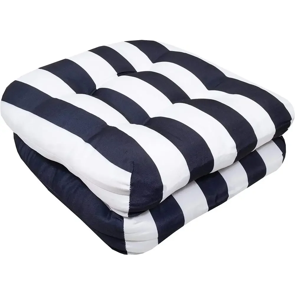 Striped Tufted Patio Cushion Navy White 2-Pack Outdoor/Indoor Weatherproof U Shape 19