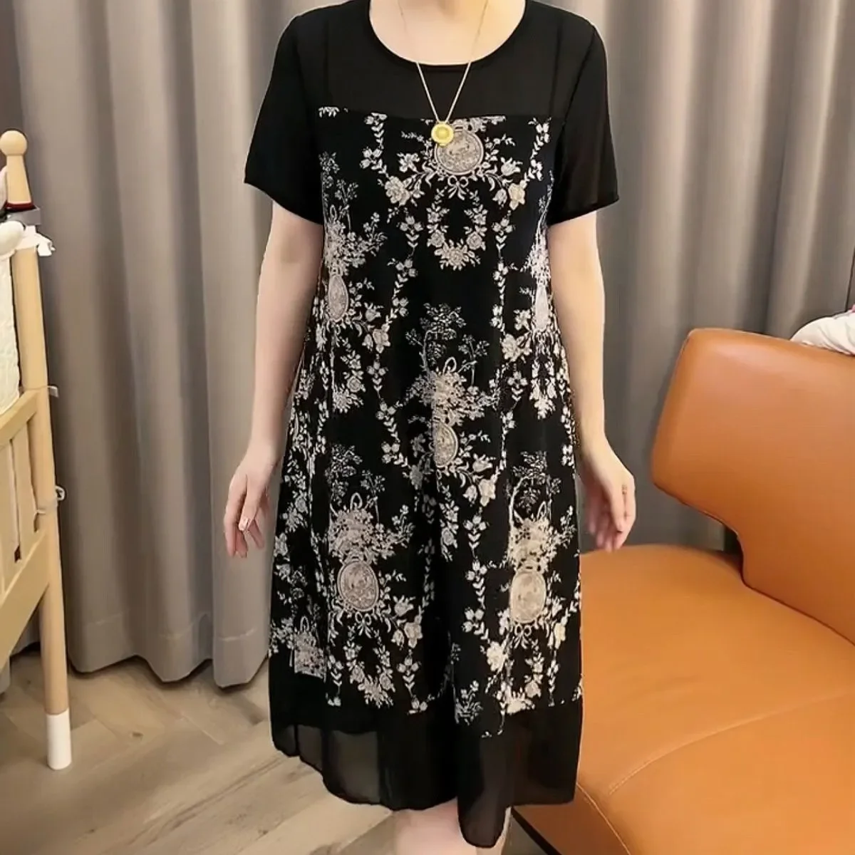 Gonna Midi a Linea A Leggera e Comoda con Stampa Floreale Estiva, Abbigliamento Alla Moda per Mamme, Lunga e Coprente