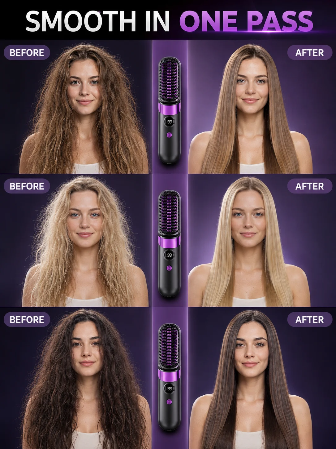 Travel Mini Hair Straightener Brush USB Rechargeable Comb Fast Heat‑Up One‑Key Anti‑Scald Teeth for Hairstyle Creation