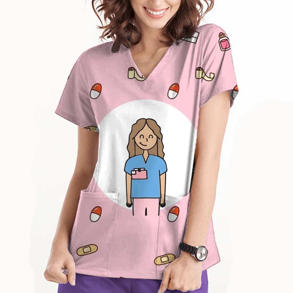 عيادة الحيوانات الأليفة الطبيب البيطري زي العمل النساء ممرضة الملحقات الحيوان المطبوعة مستشفى طبيب التمريض تي شيرت الدعك الطبية الملابس القمم #4