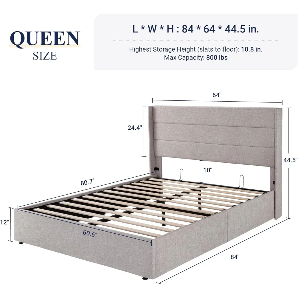 

Queen Size Lift Up Storage Bed, Modern Wingback Headboard, No Box Spring Needed, Hydraulic Storage, Light Beige