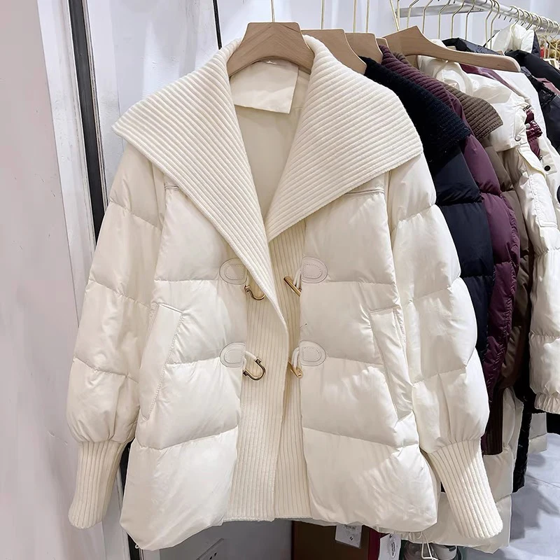 Winter Thick Mid Long Cow Horn Buckle Jacket Women Fashion White Duck Down Parka Outwear Female Large Lapel Loose Down Jacket