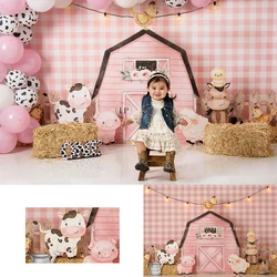 Pink Farmer House Backdrops Kids Girl Photography Child Baby Photocall Decors Barn Door Birthday Cake Smash Photo Backgrounds