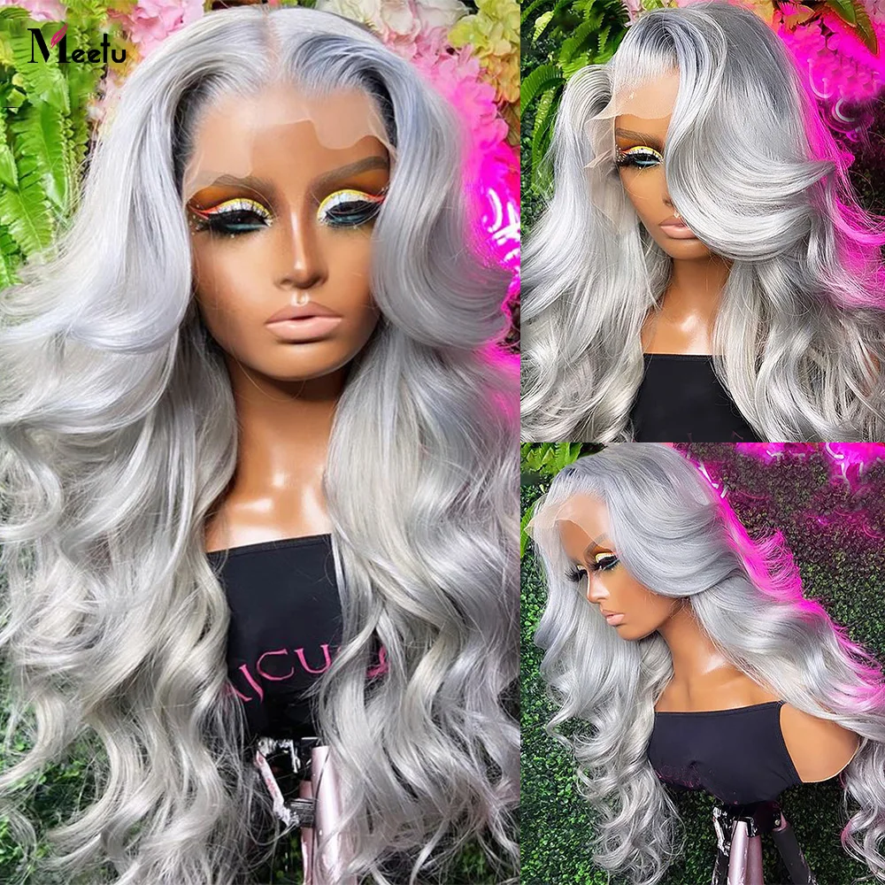 Meetu Silver Gray Body Wave Lace Front Wig 13x4 Lace Frontal Human Hair Wigs Transparent Brazilian Colored Human Hair For Women