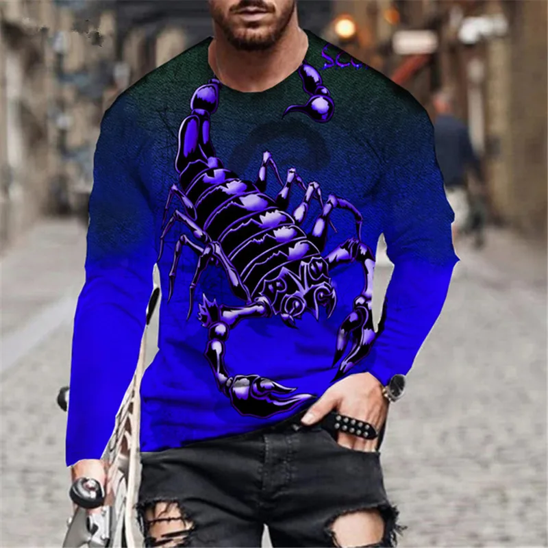 Long Sleeve Round-Neck Fashion Animal Pattern Men\'s T-Shirts Scorpion 3D Print Streetwear Pullovers Tops Loose Casual Man Tees