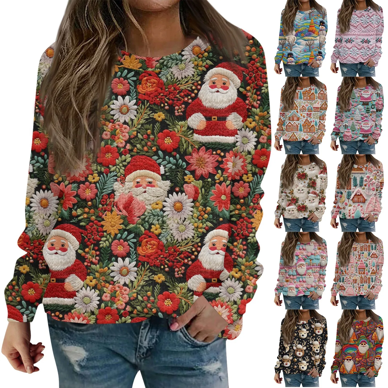 y2k Christmas Large Printing Women\'s Pullover Long-Sleeve Casual Daily Wear 2024 Women Pullover Round Neck ropa de mujer ofertas