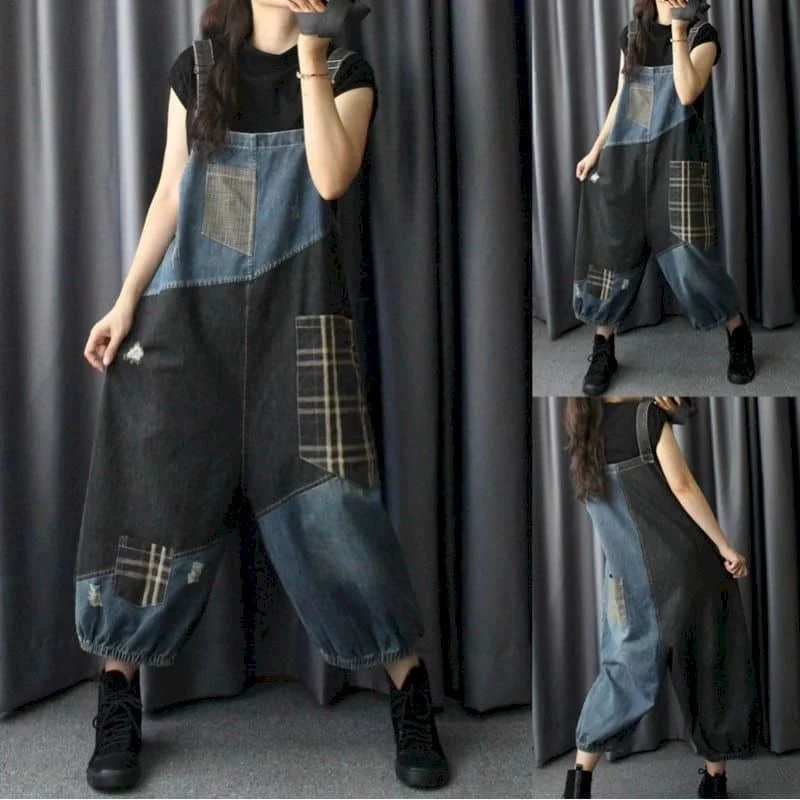 Denim Jumpsuits Women Harem Pants Korean Style Patchwork Design Vintage Playsuits Casual Jeans Loose Overalls for Women Clothes