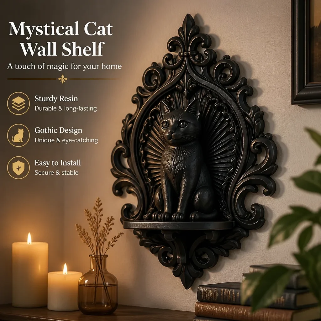 Ornate Gothic Black Cat Wall Shelf, Resin Mystical Floating Display Shelf for Witchy Dark Academia Halloween Home Decor
