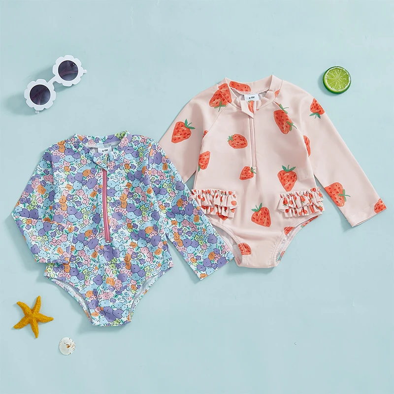

Toddler Girls Rash Guard Swimsuit Rompers Spring Summer Long Sleeve Strawberry/Floral Print Swimwear Infant Baby Bathing Suits