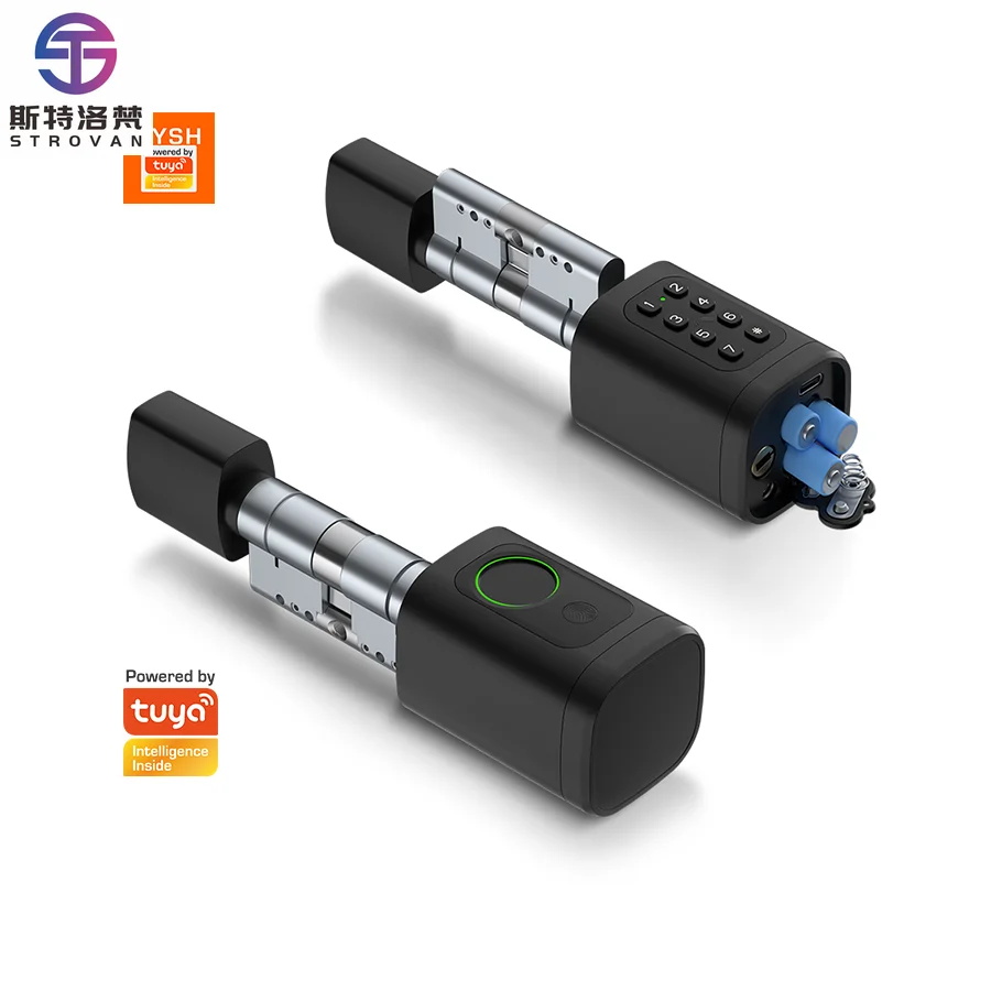 

STLF Euro Profile Aluminum Tuya for Cloud Smart Lock Cylinder with Password Fingerprint Black Silver Digital E-cylinder