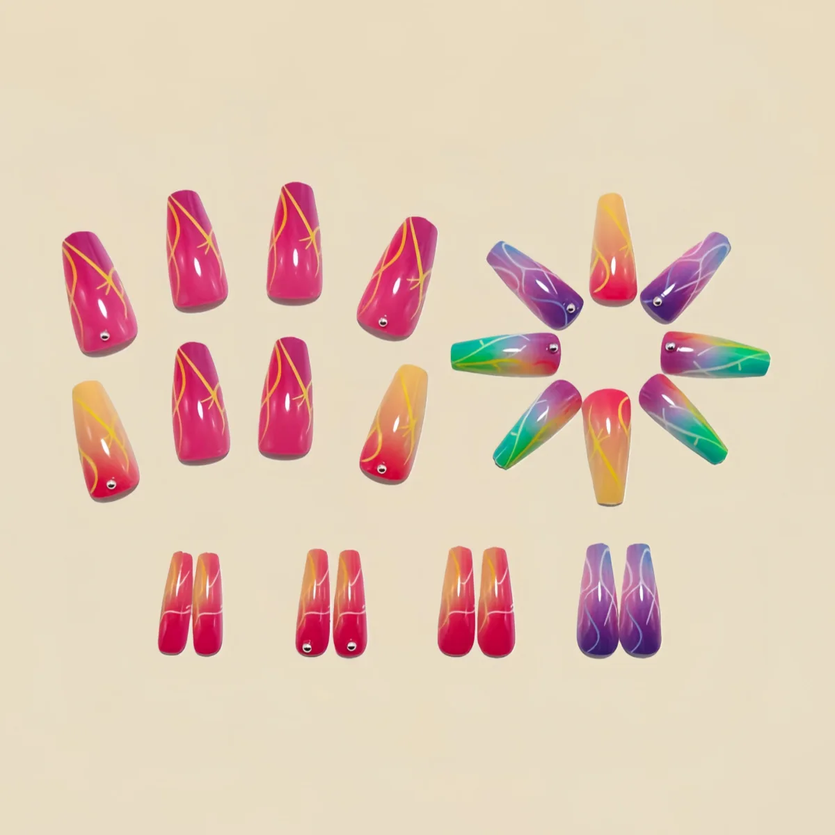 Mittellange künstliche Nagelspitzen mit 3D-Herz-Blumen-Design, Farbverlauf Lila-Rot, französische quadratische Ballett-Spitzen, Press-On-Set für künstliche Nagelkunst – Detail 8