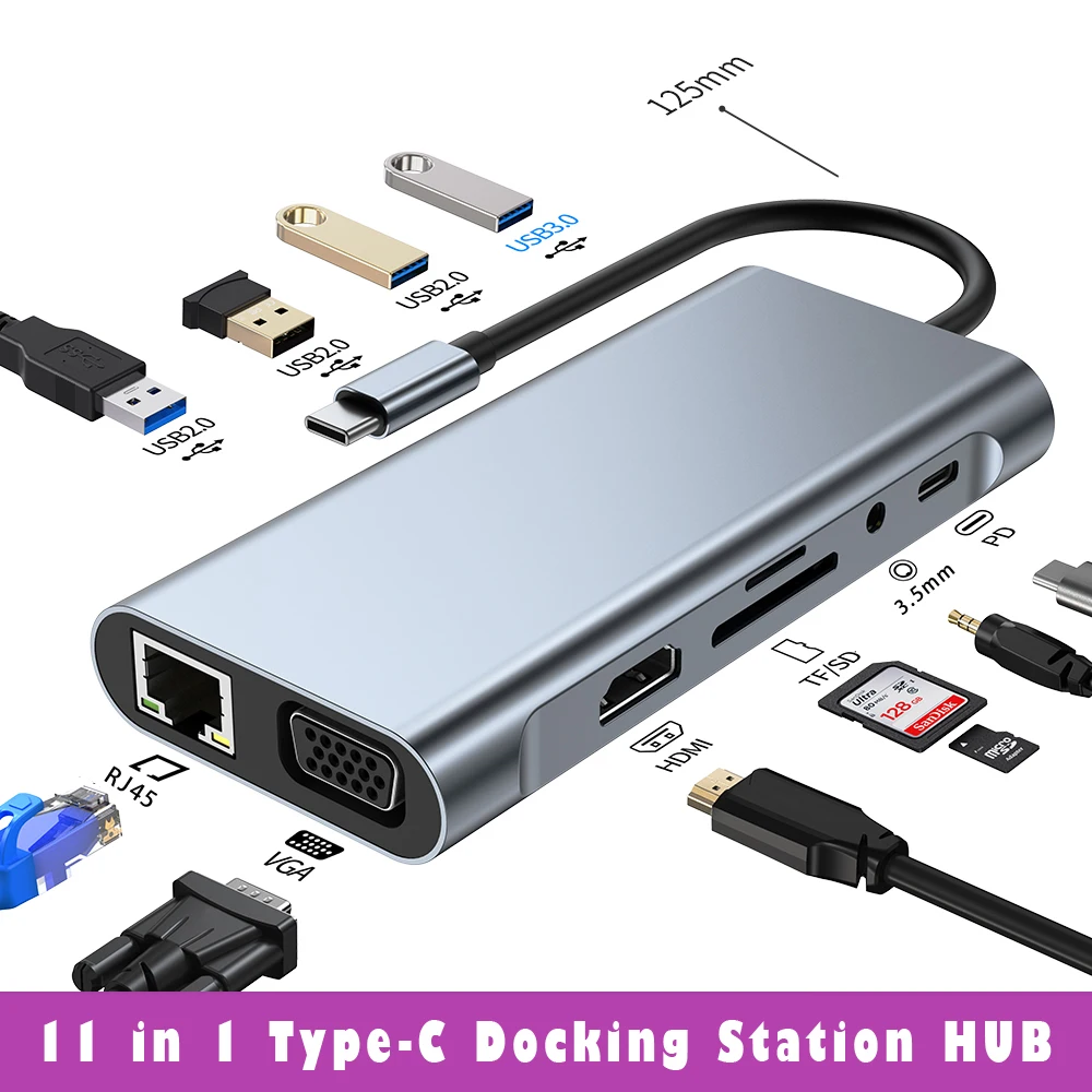 USB C HUB,USB Adapter 11 in 1 Dongle with 4K HDMI,VGA,Type C PD,USB3.0,RJ45 Ethernet,SD/TF Card Reader,3.5mm AUX,Docking Station