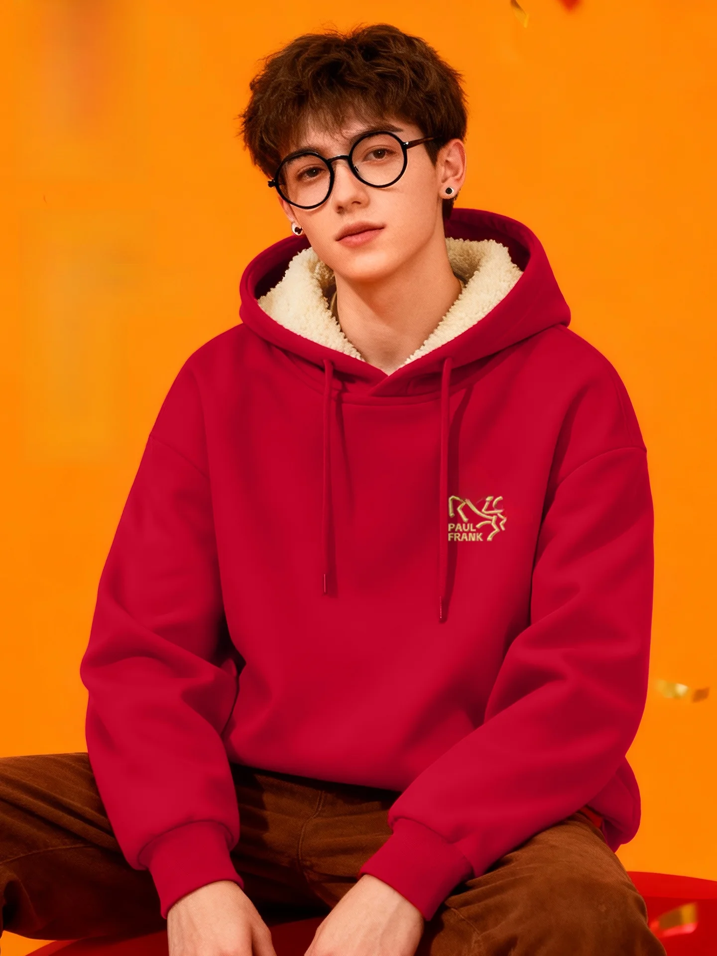 

Red Fce-Lined Hoodie Men's Winter Warm Casual Long Sve Sweatirt with Print for Chinese New Year