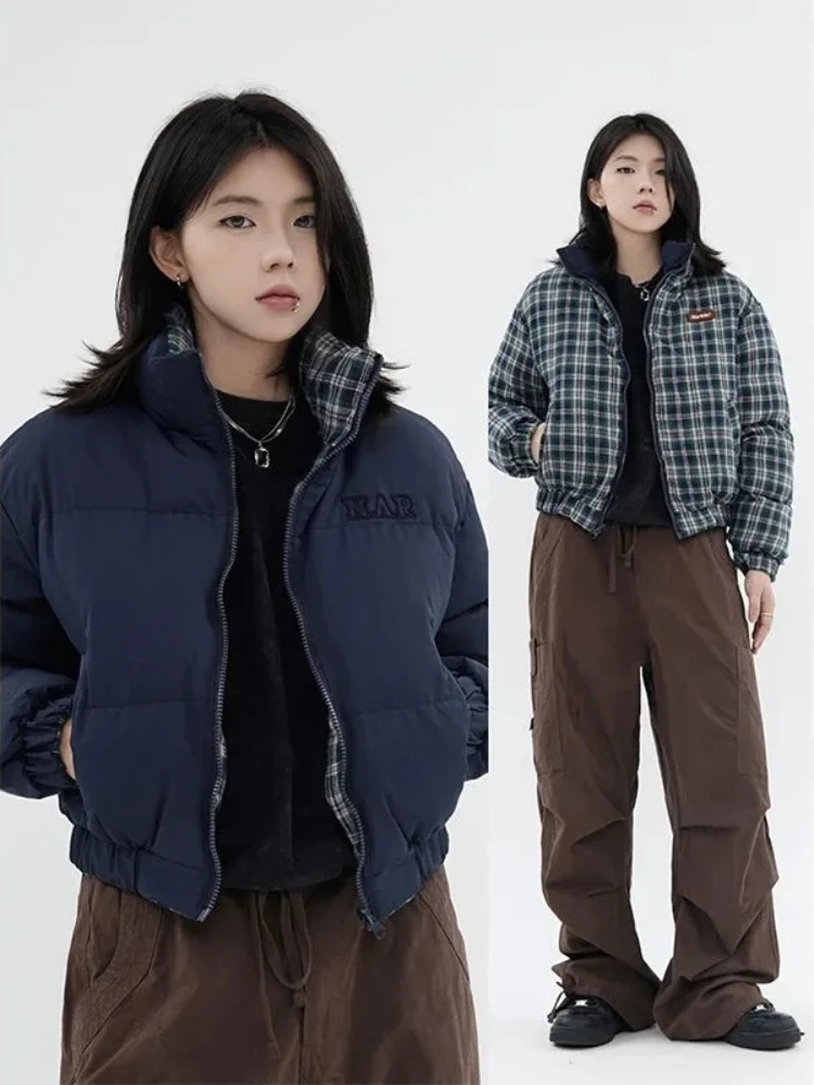 Winter Cropped Thicken Jacket Women Double-sided Retro Korean Style Cotton Padded Parkas High Street Vintage Loose Pocket Coat