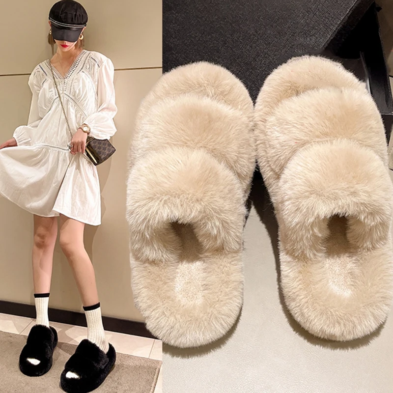 Women's Fluffy Slippers Cozy Comfy Open Toe House Slippers Soft Plush Two Band Slides Anti-Skid Indoor Outdoor Home Bedroom