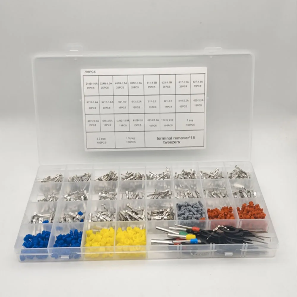 

795Pcs Connector Pins Terminal 1/1.5/1.8/2.2/2.8/3.5mm Car Electrical Wire Terminal Connector Crimp Pins Non-Insulated Plug Kit