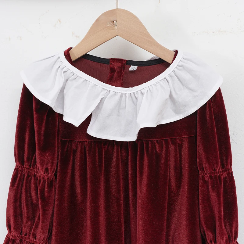 فستان ريترو كريسماس أحمر خريفي مخملي للفتيات بلون سادة مع وشاح أبيض مكشكش وأكمام طويلة فساتين حفلات فضفاضة #3