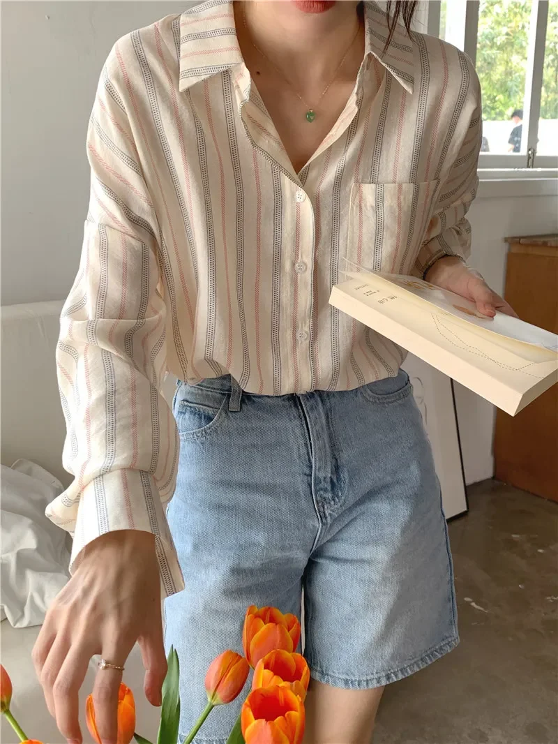 2025 New Spring Vintage Striped Women's Blouses Single Breasted Long Sleeve One Pocket Casual Loose Korean Shirts Female