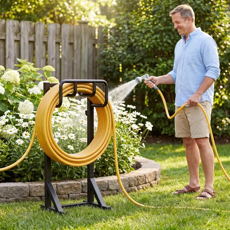 Garden water pipe bracket, free-standing metal hose storage rack, with tool hook, outdoor garden lawn rack
