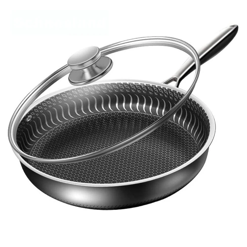 24CM Pan with Lid 316 Stainless Steel Frying Pans Non-stick Uncoated Wok Pan Double-sided Honeycomb Skillet