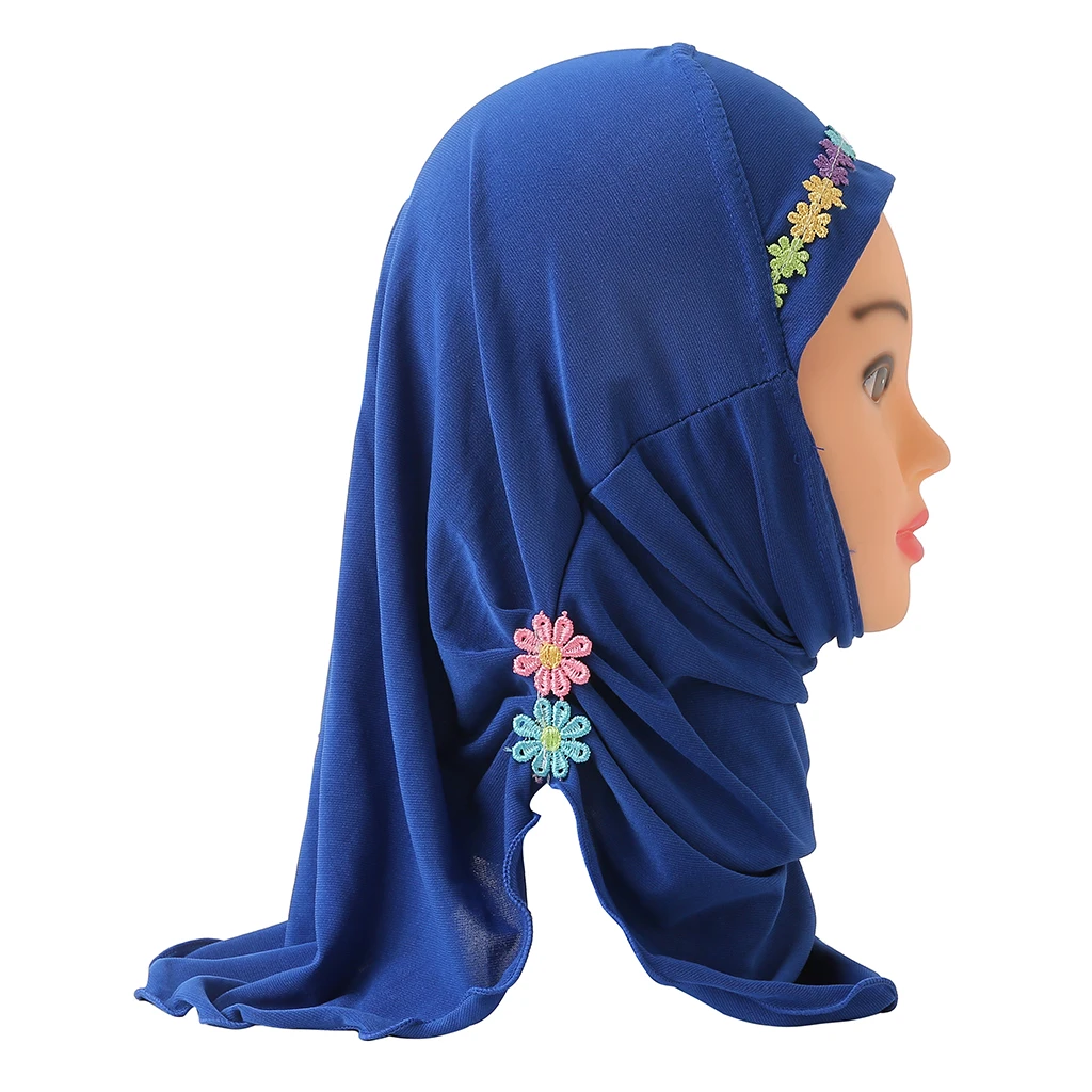 H041 Fit 2-5 years old small girl cute hijab cap with flower beautiful muslim scarf islamic headscarf hat amira pull on headwrap