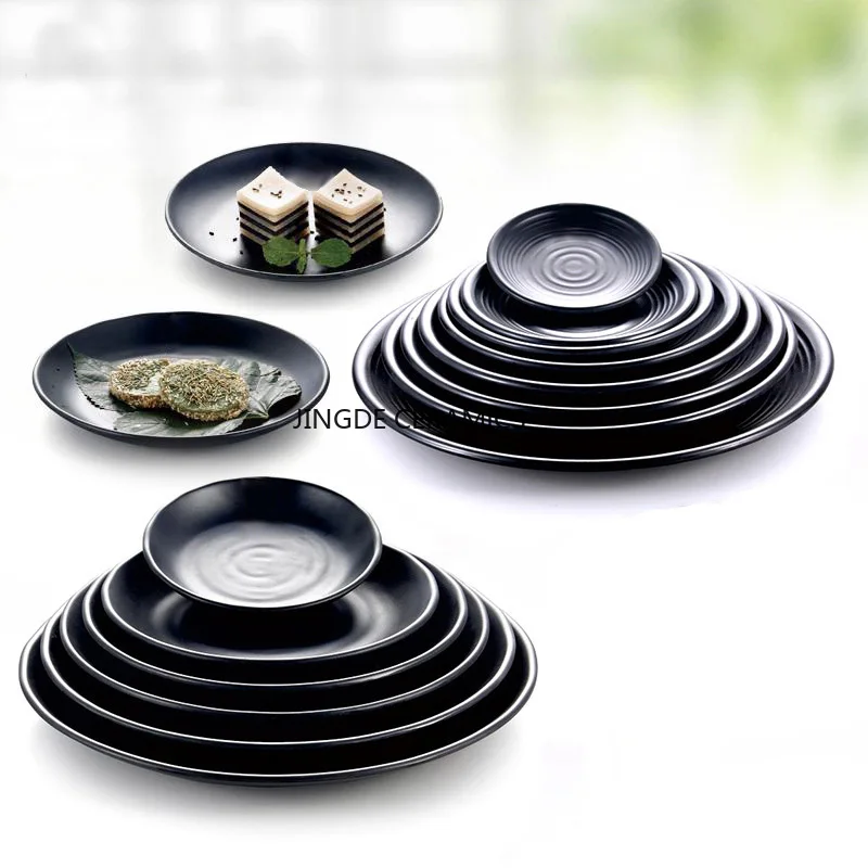 10pcs Black Frost Imitation Porcelain Dinnerware, Round Dinner Plate, Western Restaurant with Melamine Dish, Melamine Tableware