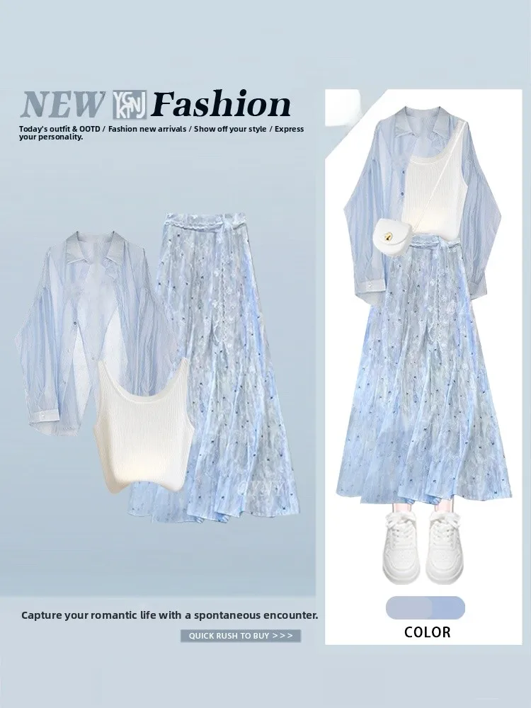 

Sweet Blue Long Sve irt And Vest Set Women's Sle Age Reduction Gentle Wind Skirt Autumn Faion Casual Ensemble