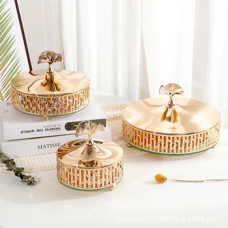 Gilded Apricot Leaf Dried Fruit Candy Jar Metal Openwork Jewelry Cosmetics Storage Jar with Lid Room Sundries Storage Container