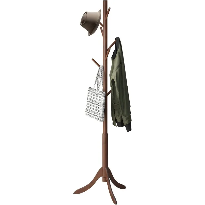 Bamboo Wood Coat Rack Stand, Freestanding Coat Tree with 8 Hooks, Hallway Entryway Hat Hanger Organizer Standing for Bedroom