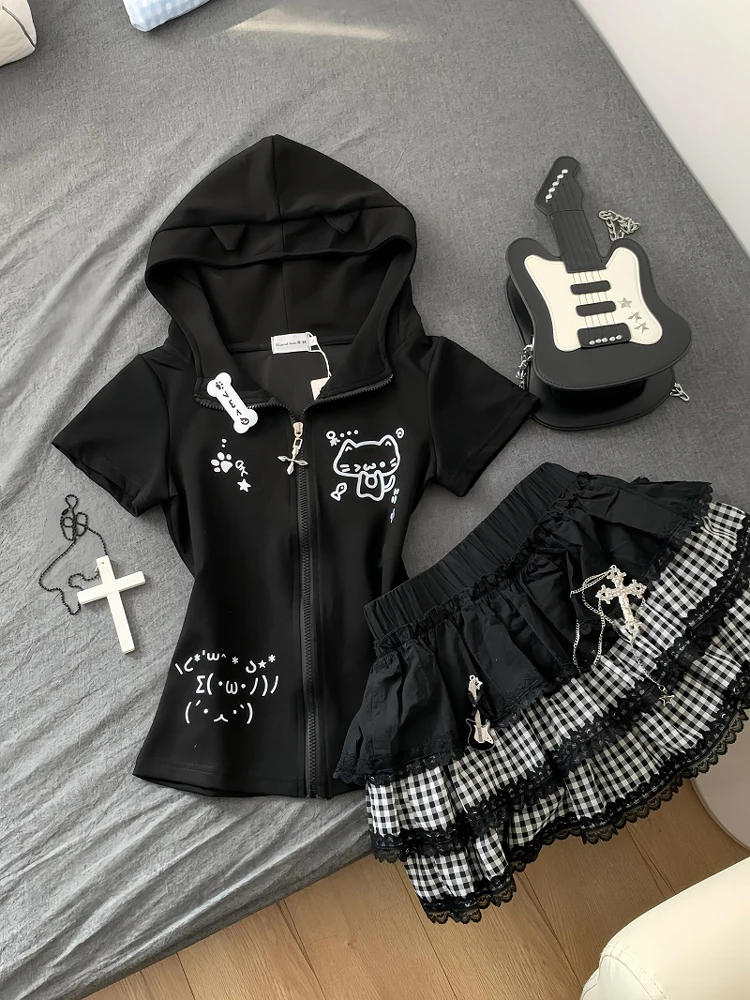 Japanese Subculture Slim-fit Short Sleeve Thin Jacket Women Cute Cat Print Top Cotton Zip Cardigan Elastic Waist Casual Pants