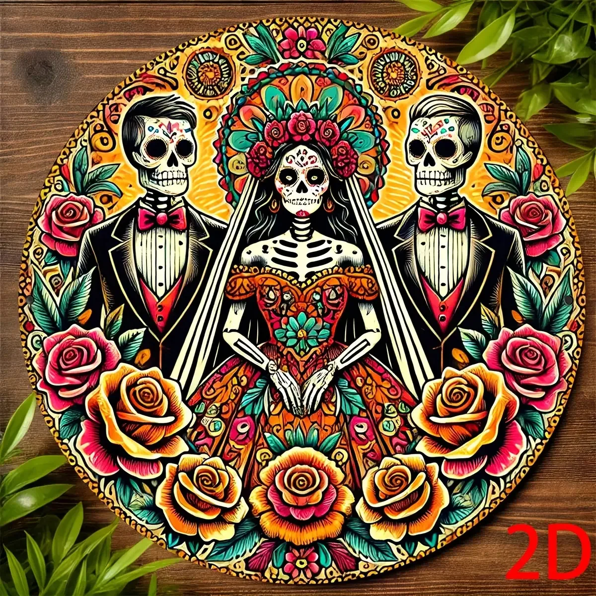 علامة خشبية دائرية مسطحة ثنائية الأبعاد: هيكل عظمي يوم الموتى للعروس والعريس، قلادة خشبية قديمة، ديكور يوم الموتى