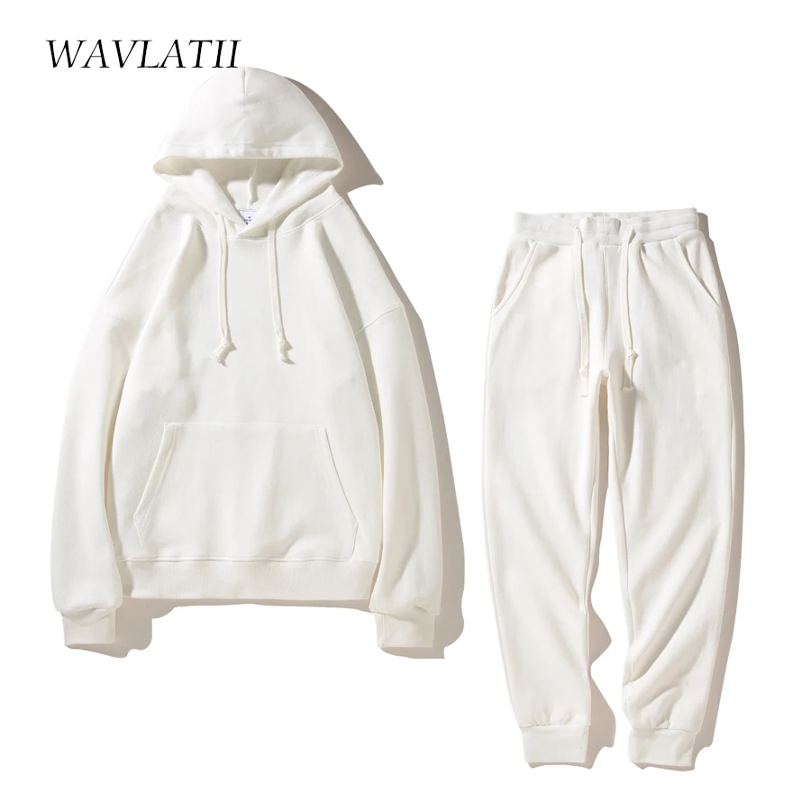 WAVLATII New Women Pique Fabric Hoodie Sets Female Green Oversized Casual Sweatshirts Lady White Hooded Suit Tops Pants WH2388