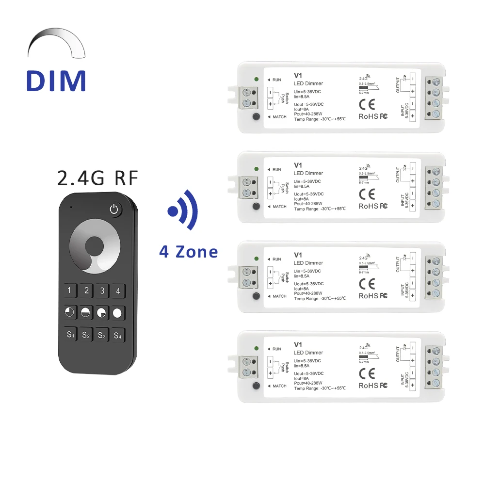 4 Zone LED Dimmer 12V 24V 36V Single Color LED Strip Dimming Kit Wireless Wifi 2.4G RF Remote Control Push Switch Dimmer V1 RT6