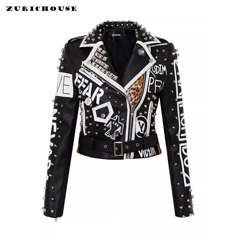 Blouson en similicuir femme, streetwear, imprimé graffiti, léopard, patchwork, punk, moto, tendance 2024