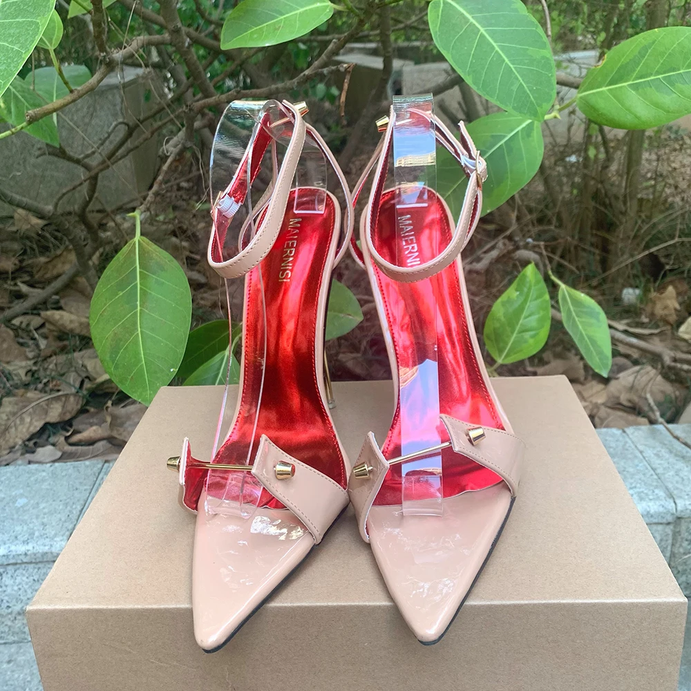 

Модные пикантные абрикосовые сандалии на высоком металлическом каблуке 12 см, женские туфли-лодочки с ремешком на щиколотке, черные туфли унисекс с открытой пяткой