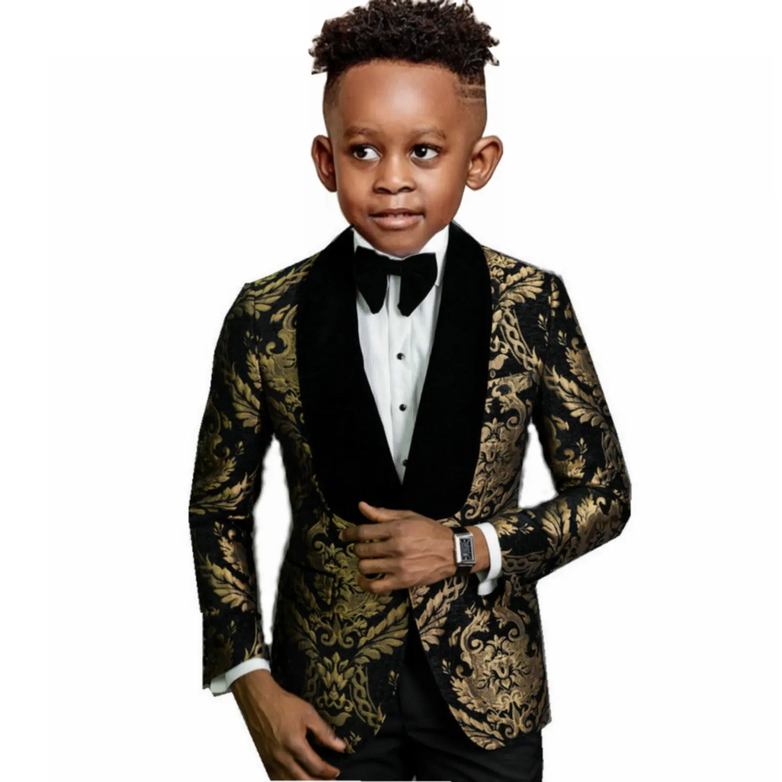 Boy's Suits 2 Pieces Black Gold Floral Wedding Suits For Kid Velvet Shawl Lapel (Jacket+Pants) Children Formal Party Prom Wear