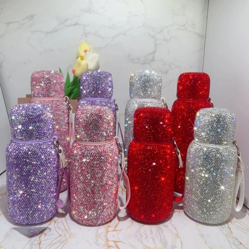 350ml/520ml Bling Diamond Stainless Steel Thermos Bottle Portable Vacuum Flask Insulated Cup Tumbler With Rope lid Water bottle