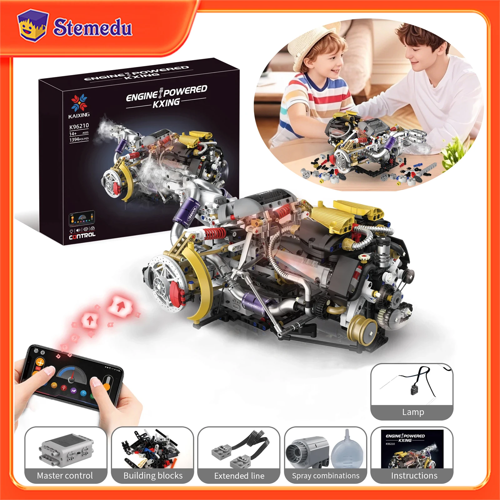 

K96210 1394 шт. MOC Hypercar Style V8 Комплект для сборки двигателя со светодиодом и управлением через приложение Программируемый стержень Развивающие игрушки для детей Подарок