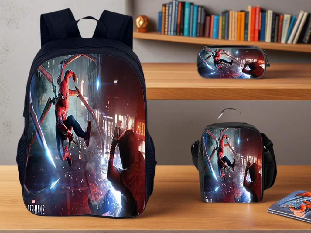 Fashion Children Spider-Man Multifunction Backpack and Insulated Lunch Bag Pencil Case 3Pcs Set Knapsack for Unisex Boy Girl