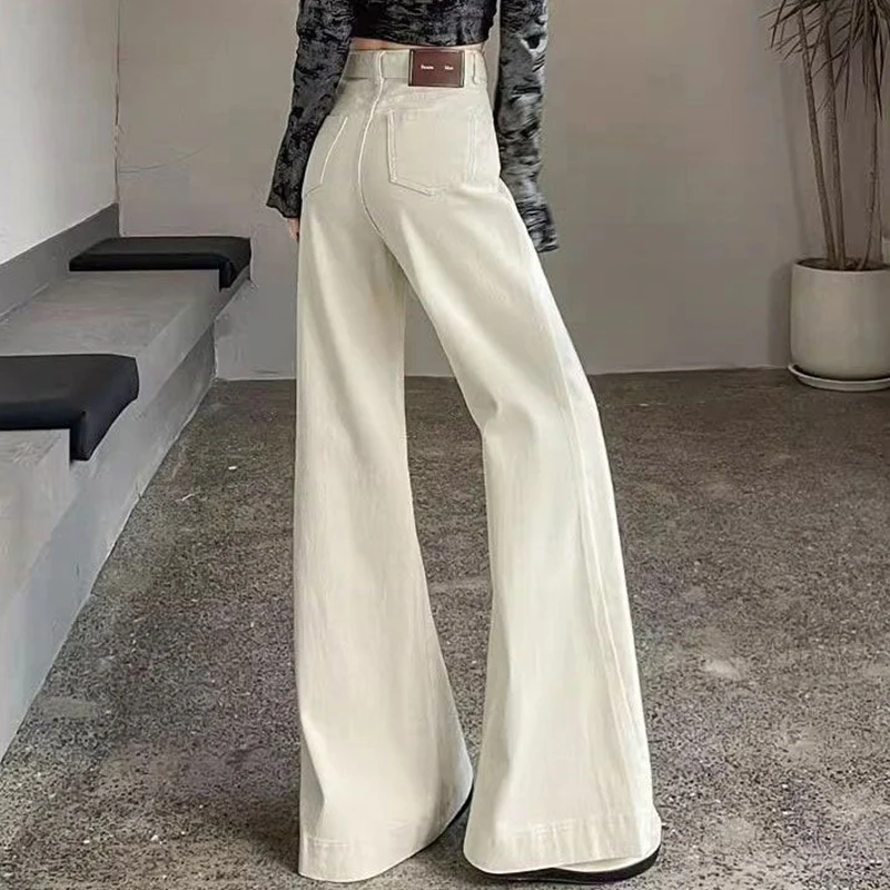 

Women Beige Micro Denim Jeans Spring Summer Solid Street Loose Pants Classic Simple Vintage High Waist Trousers