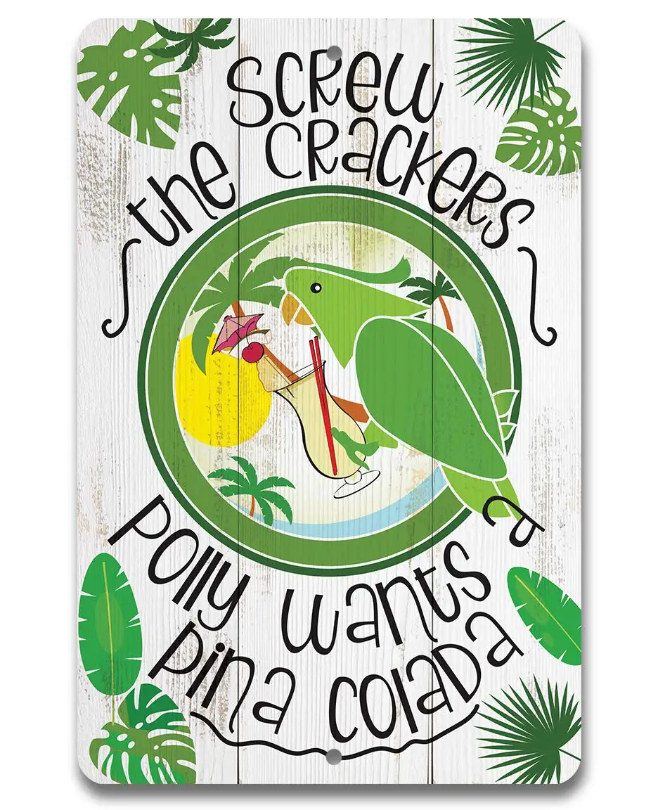 Polly Wants Pina Colada - Plaque en métal, accessoires de bar à cocktails, décoration pour la maison, art mural amusant sur le thème de l'alcool, imprimé oiseau vert et Great H